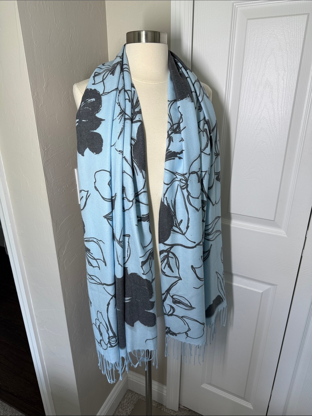 Light blue and chocolate brown floral print pashmina shawl/scarf with fringe